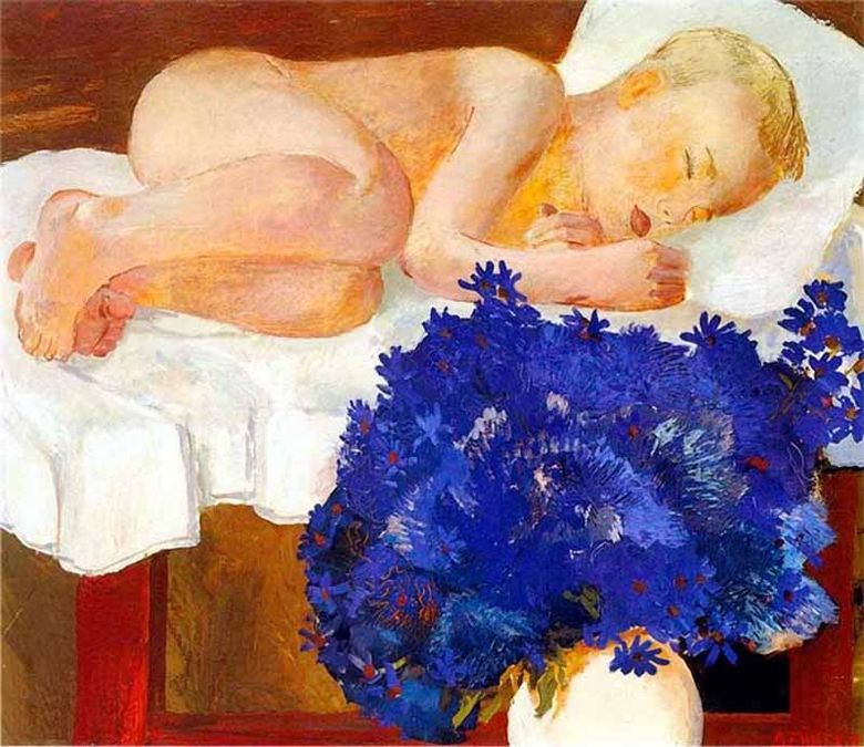 Copilul adormit cu flori de porumb   Alexander Deineka