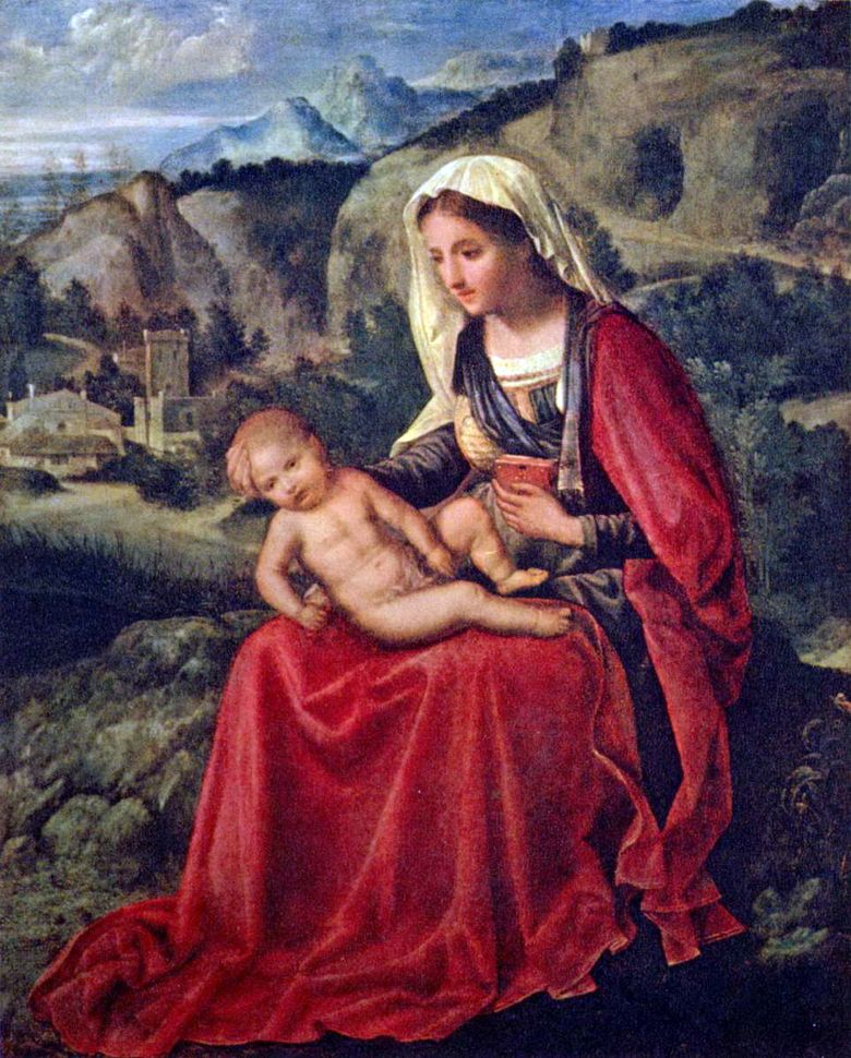 Fecioara Maria cu un bebeluș pe un fond de peisaj   Giorgione